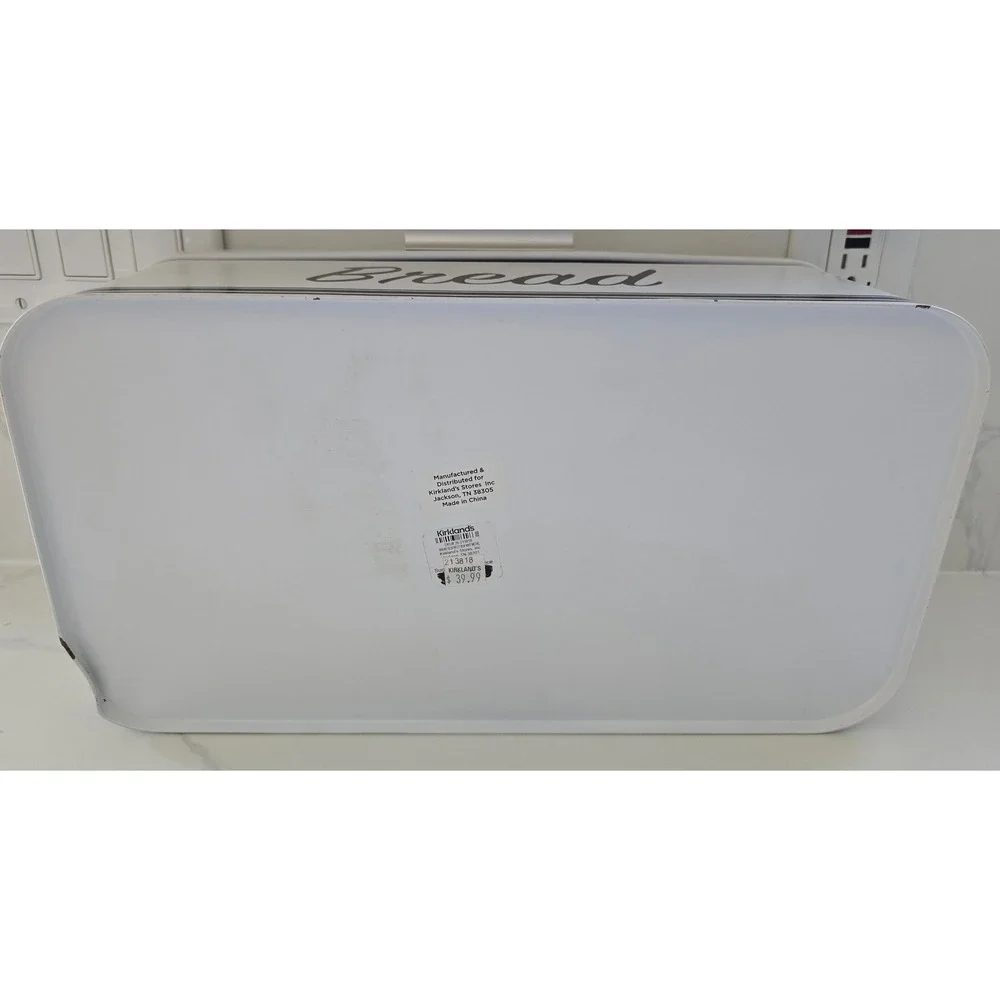 White Metal Bread Box Retro Countertop Storage Bin‎ with Hinged Lid and Stripes